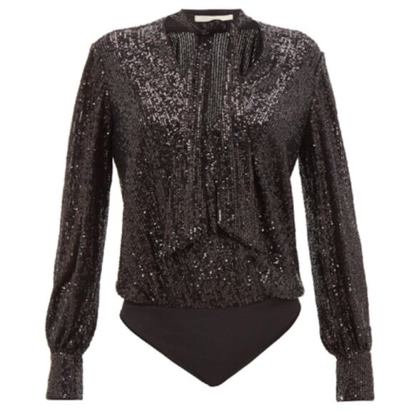 Jonathan Simkhai Sequined Tie Neck Black Long Sleeve Bodysuit
